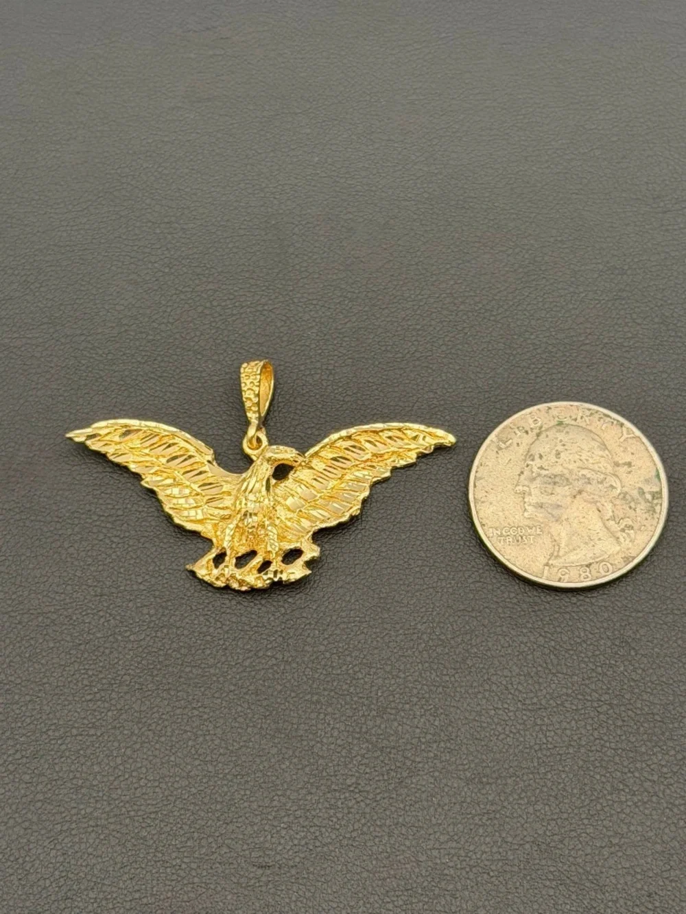 14k Yellow Gold Flying American Eagle Bird Diamond Cut Charm Pendant Handmade